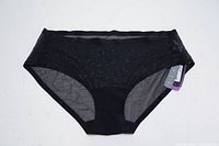 Front view of new black women's panties with lace and mesh, showing tags and size.
