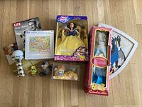 Overview of all Disney Parks merchandise including boxed princess dolls, plush toy, collectibles, puzzle, magazine, and art print.