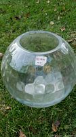 Full side view of the clear glass optic rose pattern bowl placed on grass, showing textured bubble-like pattern.