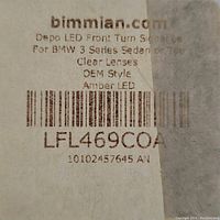 Box label for Depo LED Front Turn Signal for BMW 3 Series sedan or touring, OEM style, amber LED, clear lens.