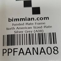 Close up photo of label showing brand bimmian.com, product identification as Painted Plate Frame North American Size Silver Grey (A08)