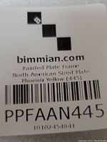 Label showing brand bimmian.com Painted Plate Frame North American Sized Plate Phoenix Yellow (445) with barcode