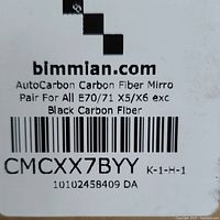 Label showing the brand (bimmian.com), product description stating 'AutoCarbon Carbon Fiber Mirror Pair For All E70/71 X5/X6 exc Black Carbon Fiber'.