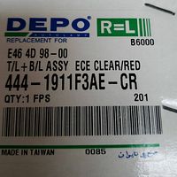 Label on box showing Depo brand and part number 444-1911F3AE-CR, for BMW E46 4-door (1998-2000) clear/red tail light assembly