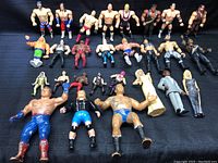 Full lot view showing 21 wrestling action figures including male wrestlers and figures in formal attire on black background.