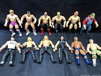 Full group of 12 WWF wrestling figures arranged in two rows on black background, clearly showing varying attires and poses.