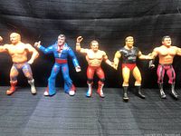Full view of all five WWF wrestling figures lined up on a black surface showcasing their attire and poseable arms.
