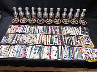 Photo showing a large assortment of NHL hockey cards spread in rows with 10 mini Stanley Cup trophies and 10 hockey pucks placed in front.