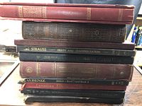 Stack of antique classical music books stacked from the front view showing spine titles such as Strauss and Albéniz