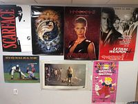 Six posters displayed on a wall including Scarface, a signed Blue Jays poster, Species II, Lethal Weapon 4, Dennis the Menace, and an artistic poster.
