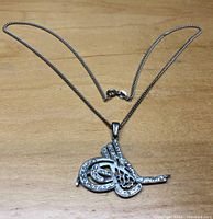 Top view of necklace laid flat showing chain and attached pendant with clear stones.