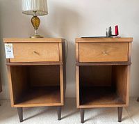 Front view of both tables showing single drawer and open cubby