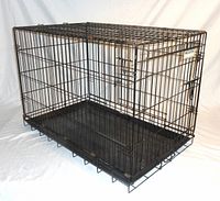 Angled side view of the open black metal wire dog crate with plastic tray at the bottom, showing two-door design and folding sides.