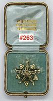 Brooch displayed in original presentation case with velvet lining and jeweler's imprint