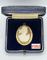 Cameo brooch/pendant displayed in original fitted jewelry box with navy velvet interior