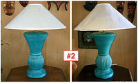 Pair of turquoise pottery lamps with white fabric shades shown on a wooden table, front and side views