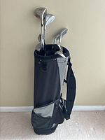Full view of golf bag next to wall containing multiple golf clubs standing inside