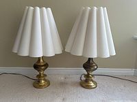 Both brass lamps positioned side by side showing full height and shade shape, cords visible.