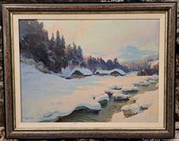 Full view of framed oil painting depicting snow-covered landscape with cabins and stream