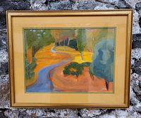 Front view of framed painting on stone background