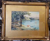 Framed watercolor painting showing the full artwork and frame with detailed corner decor and clear view of the matte.