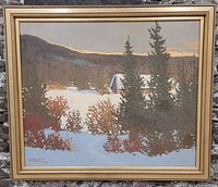 Front view of framed winter landscape painting signed by H.Tygesen