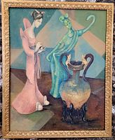 Full view of the framed oil painting showing two abstract human-like figures and a decorative urn on a stylized background.