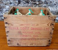 Wooden crate with red stamped lettering showing Roma Soft Drinks Ltd. address in Toronto, Ontario