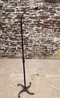 Full view of the vintage cast iron adjustable gooseneck floor lamp showing its height and overall design against a stone wall background.