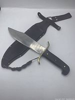 Knife and sheath side by side on a white background, showing full blade and handle