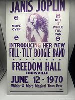 Front view of the vintage Janis Joplin concert advertising poster featuring purple print on white background.