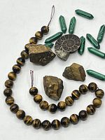Tigers eye bead necklace, polished malachite pieces, a spiral fossil stone, and raw tigers eye stone pieces arranged on white background