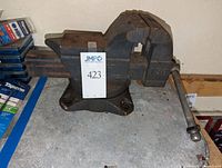 Front and side view of Babco swivel bench vise, showing model number and mounting base.