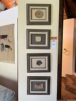 Full view of all four framed fossils hanging vertically on a wall, showing their wood textured frames and light-colored mats.