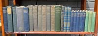 Shelf display of all antique hardcover books included in the lot in various shades of blue, green, and grey cloth bindings, lined up showing spines.