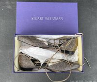 Pair of Stuart Weitzman lace-up flats in original purple box, showing metallic textured pointed toe and lace-up design.