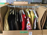 Box of ten hanging women’s dresses in various colors and patterns