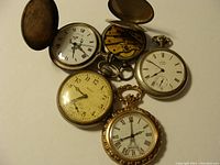 Photo showing the faces and internal mechanism of some pocket watches