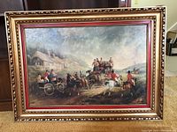 Full view of the framed painting showing a horse-drawn carriage and riders against a countryside backdrop.
