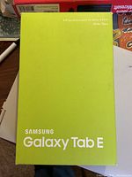 Photo of the front of the Samsung Galaxy Tab E box showing tablet brand and model