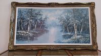 Full view of the acrylic landscape painting with ornate gold-colored frame showing serene lake and trees.