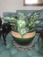 Front view of faux plant with variegated green and white leaves in green ceramic pot with decorative band, shown on blue glass table.