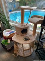 Cat tree with various platforms, cubed compartment, rope scratching posts, and hanging rope toy, placed near window with pool view.