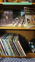 Shelf display showing a Gordon Lightfoot album, The Beatles - Abbey Road, Walt Disney’s Winnie the Pooh and the Honey Tree, and a row of additional vinyl records below.