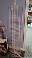 Tall white wire metal shelving unit leaning against blue wall in room with carpeted floor