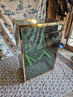 Front angled view of bronze metal framed glass display case showing clear glass doors with brass handles, top glass panel, and visible interior lighting.