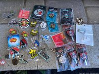 Full assortment of pins and keychains as displayed on ground in original packaging and loose