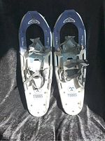 Top view of pair of Tubbs LL Bean Approach snowshoes showing blue frame and bindings.