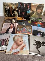 Photo showing all 15 vintage vinyl LP albums arranged in rows on carpet. Each album jacket is visible with recognizable artists including Tom Petty, The Rolling Stones, John Cougar, Steve Martin, Simon & Garfunkel, Boston, Foreigner, Van Halen, Bruce Springsteen, Styx, and others.