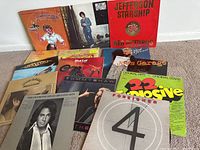 Wide shot of 14 vintage vinyl LP record albums showing front covers, titles, and artists.